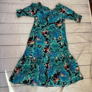 Hilo Hattie Hawaiian Maxi Dress Turquoise Blue Floral Print Ruffle Sleeve Size M